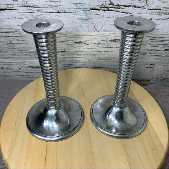 vintage Chrome Art Deco Inspired Tall Candlestick Holder Set Swirled Leg Stand - Picture 8 of 11